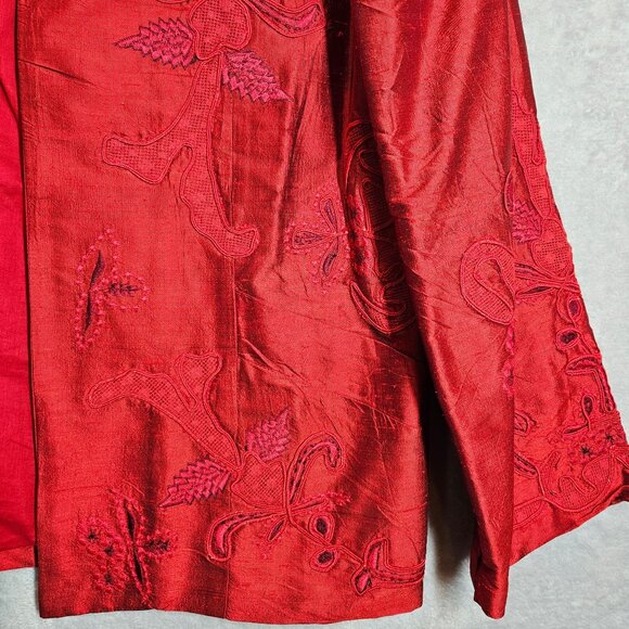 Chico's Womens m Silk Embroidered Red Jacket Coat Career Part Open Business - Picture 5 of 14